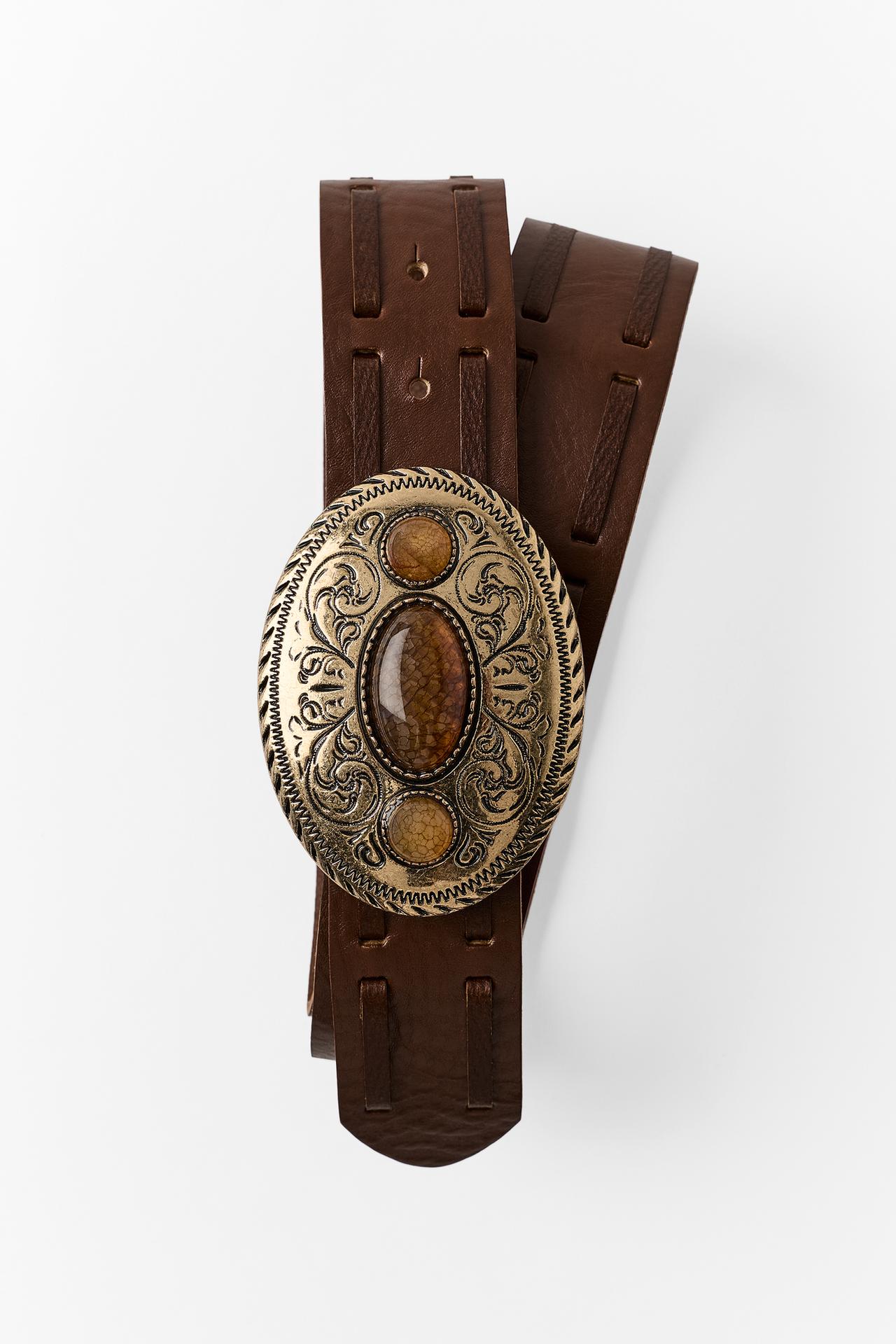 100% LEATHER BELT WITH STONE BUCKLE — Brown