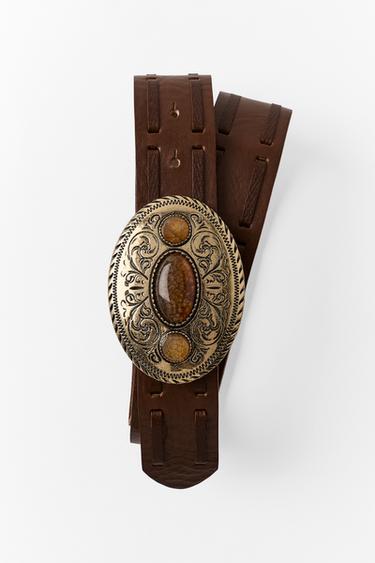 100% LEATHER BELT WITH STONE BUCKLE — Brown 1