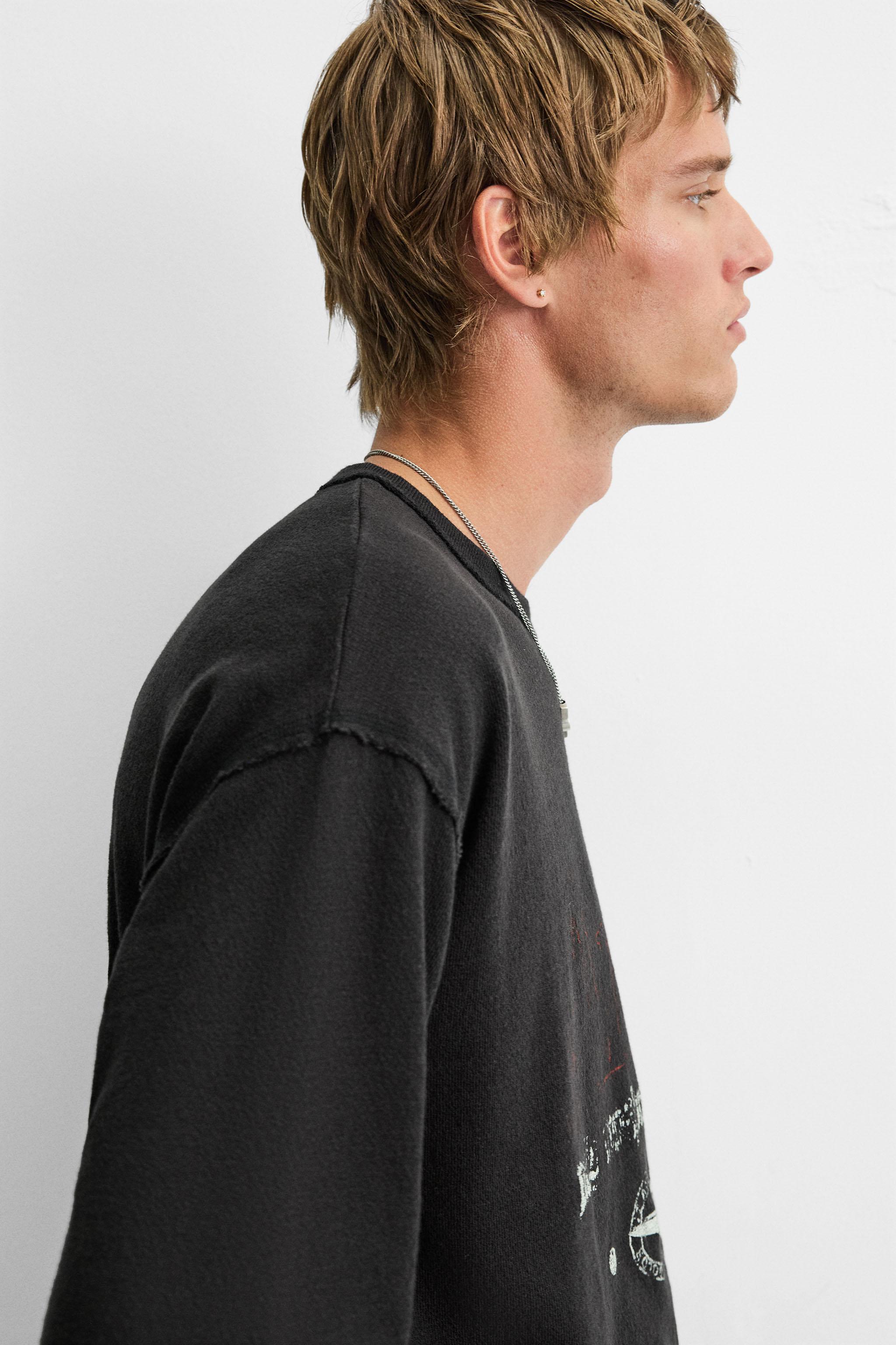 ウォッシュドプリントニットTシャツ - ブラック | ZARA Japan / 日本