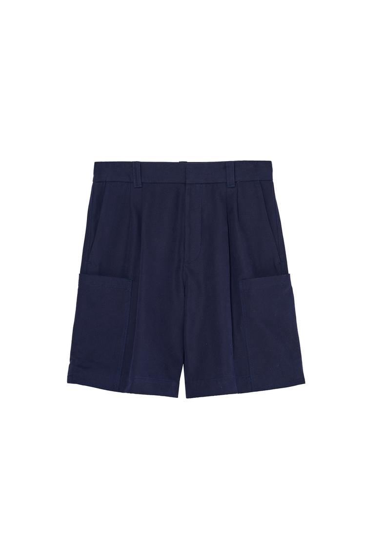 RELAXED FIT CARGO SHORTS WITH PLEATS — Navy blue