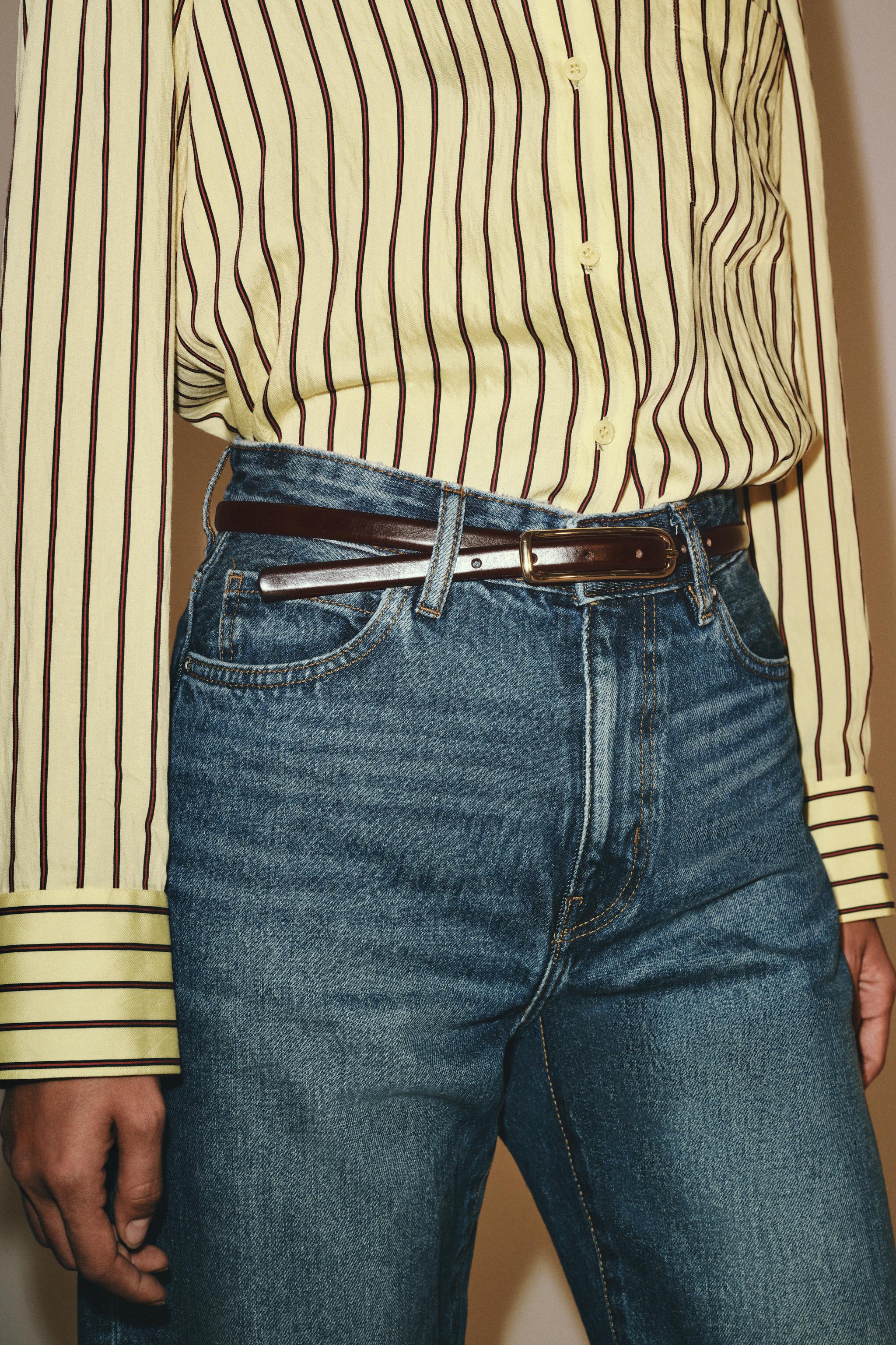 100% LEATHER SKINNY BELT — Brown