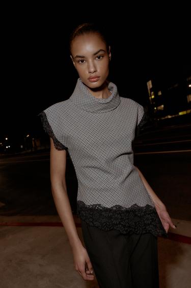 TOP PIED-DE-POULE EN DENTELLE - Écru / Bleu de Zara - Image 1