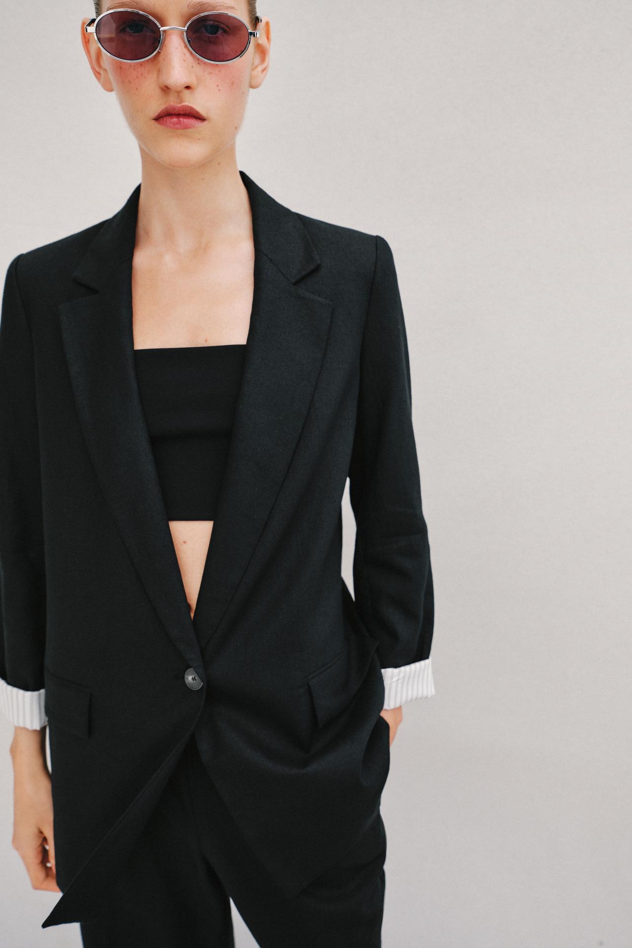 BLAZER WITH LINEN ROLLED-UP SLEEVES — Black