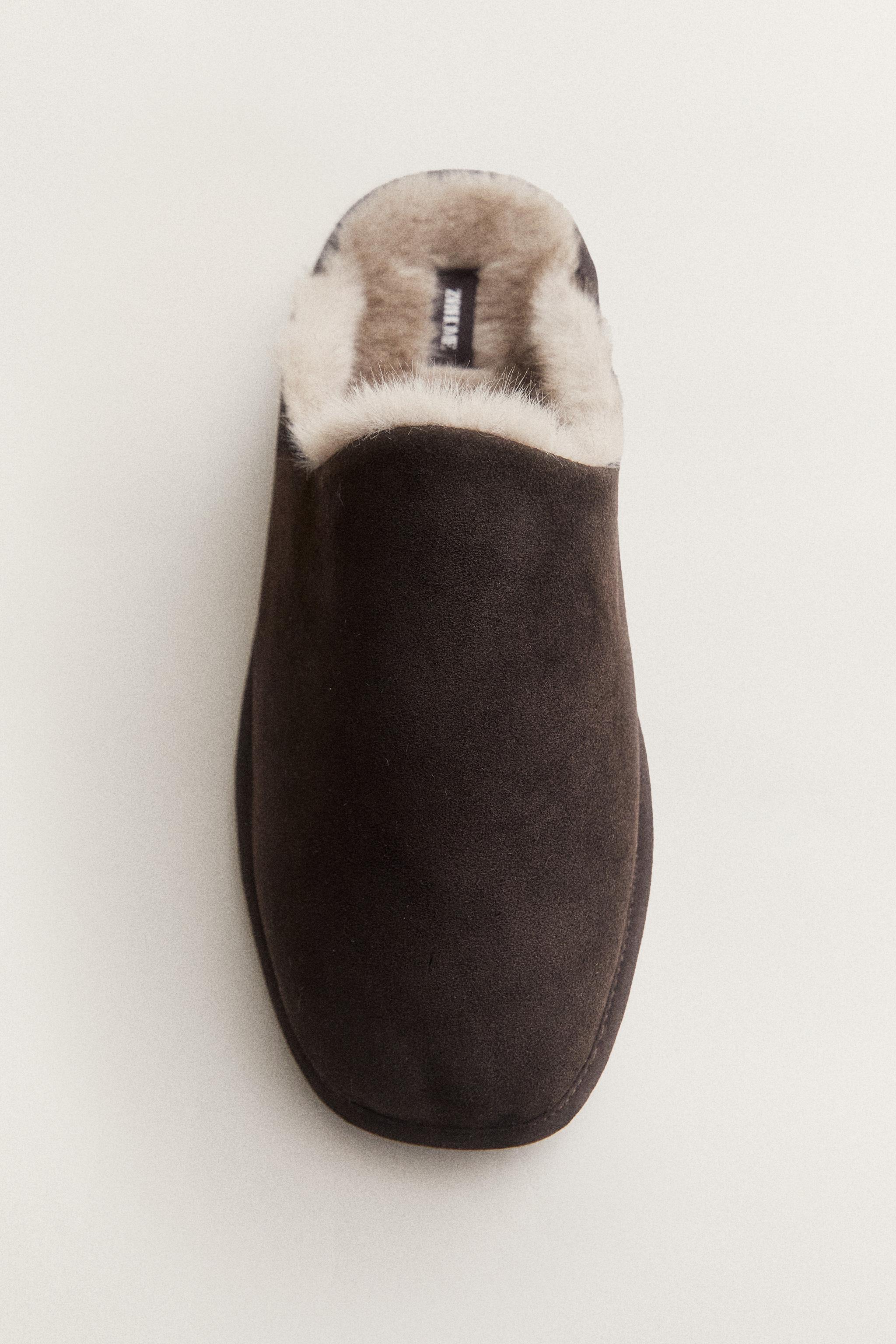WARM LEATHER MULE SLIPPERS — Brown