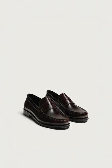 LEATHER PENNY LOAFERS - Burgundy Red by Zara