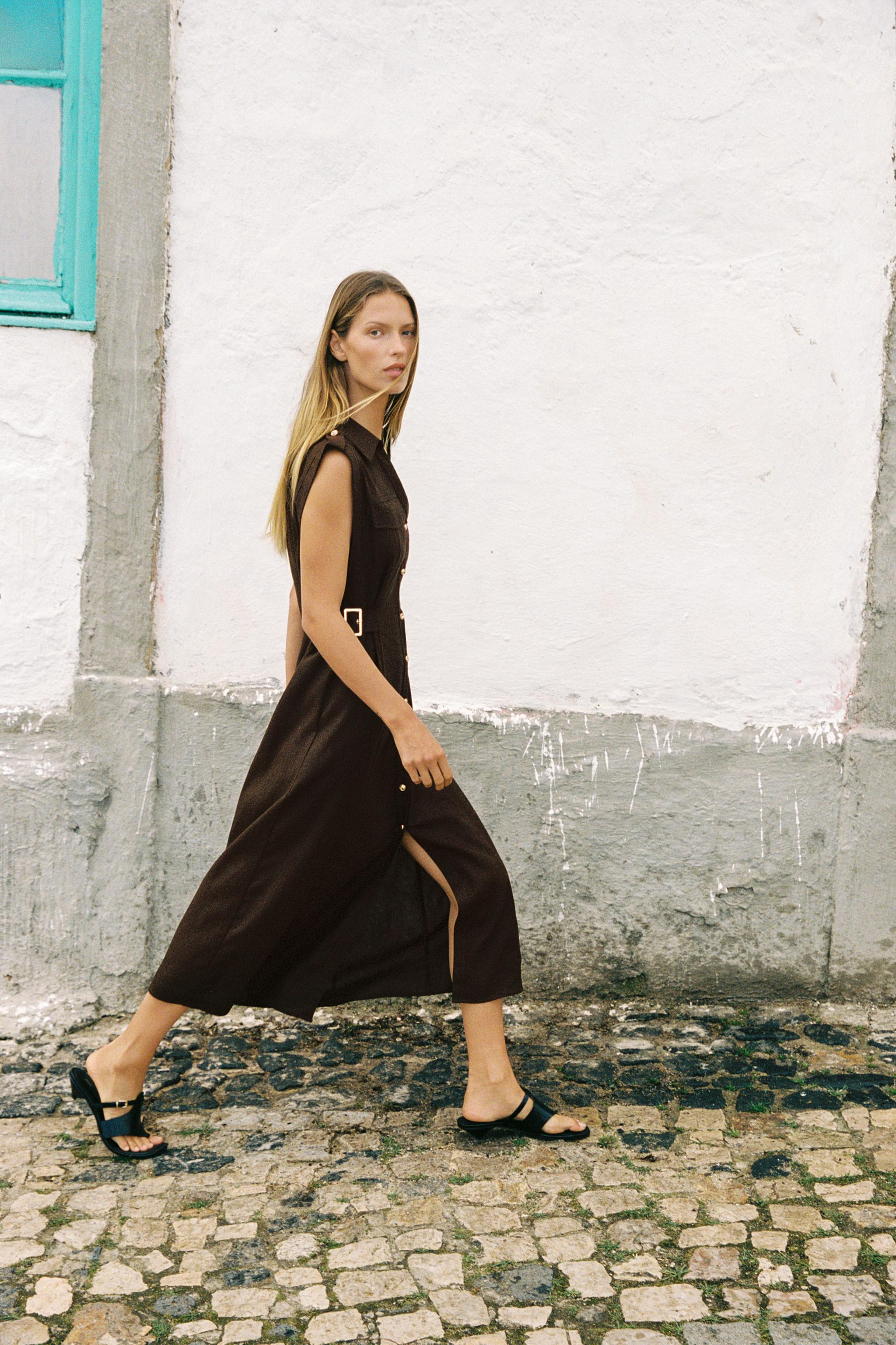 リネン地ミディ丈ワンピース - ライトカーキ | ZARA Japan / 日本