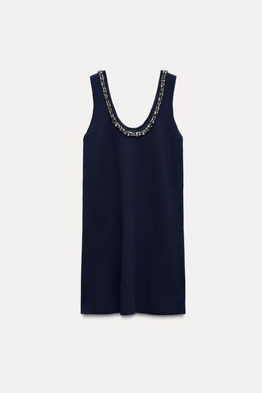 Zara PLAIN KNIT DRESS WITH JEWEL BEADING - navy