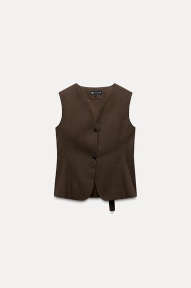ZW COLLECTION FITTED LINEN WAISTCOAT - Brown by Zara