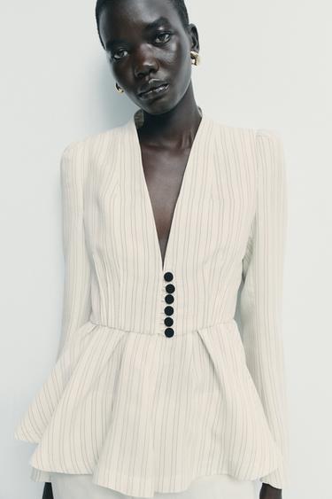STRIPED PEPLUM BLAZER - Ecru / Brown by Zara