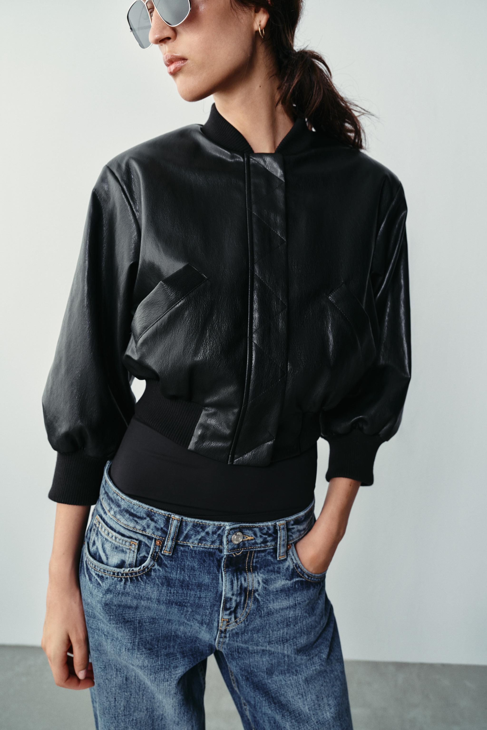 FAUX LEATHER SHOULDER PAD BOMBER JACKET — Black