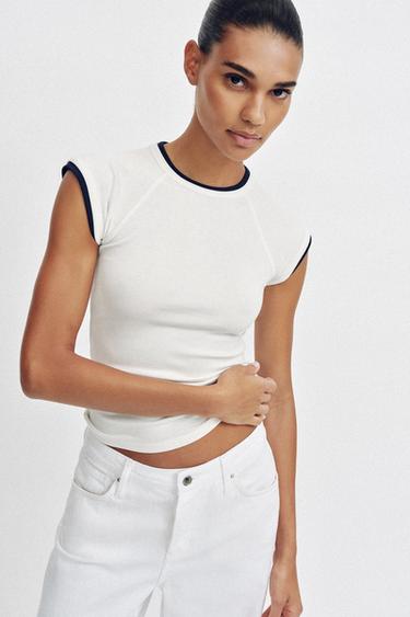 T-SHIRT MET DUBBELE KORTE MOUWEN - Gebroken wit van Zara