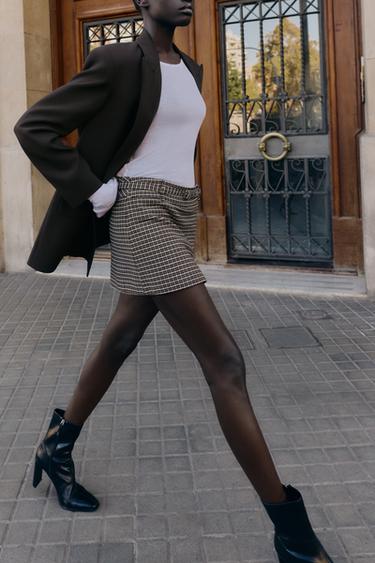 JUPE-CULOTTE PIED-DE-POULE AVEC CEINTURE - Gris / Marron clair de Zara - Image 1