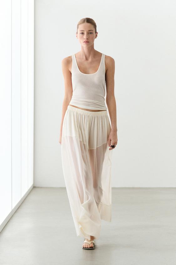 Pantalón ancho fluido semitransparente - Blanco roto de Zara - Imagen 0