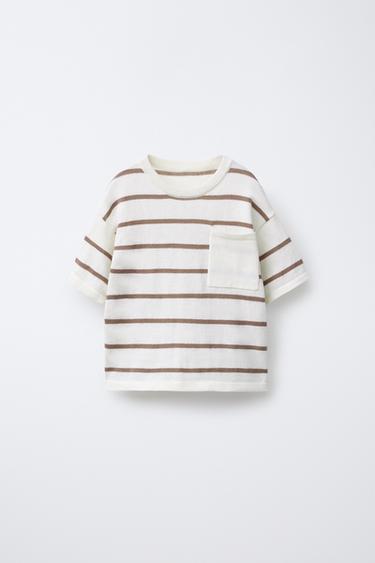 Zara STRIPED KNIT T-SHIRT - Brown