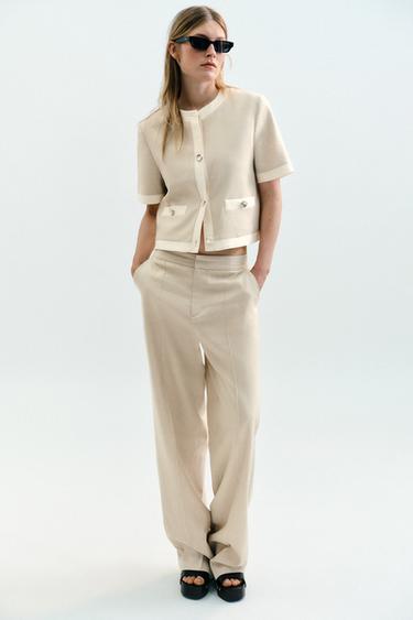 Zara STRAIGHT LEG LINEN PANTS - Light beige