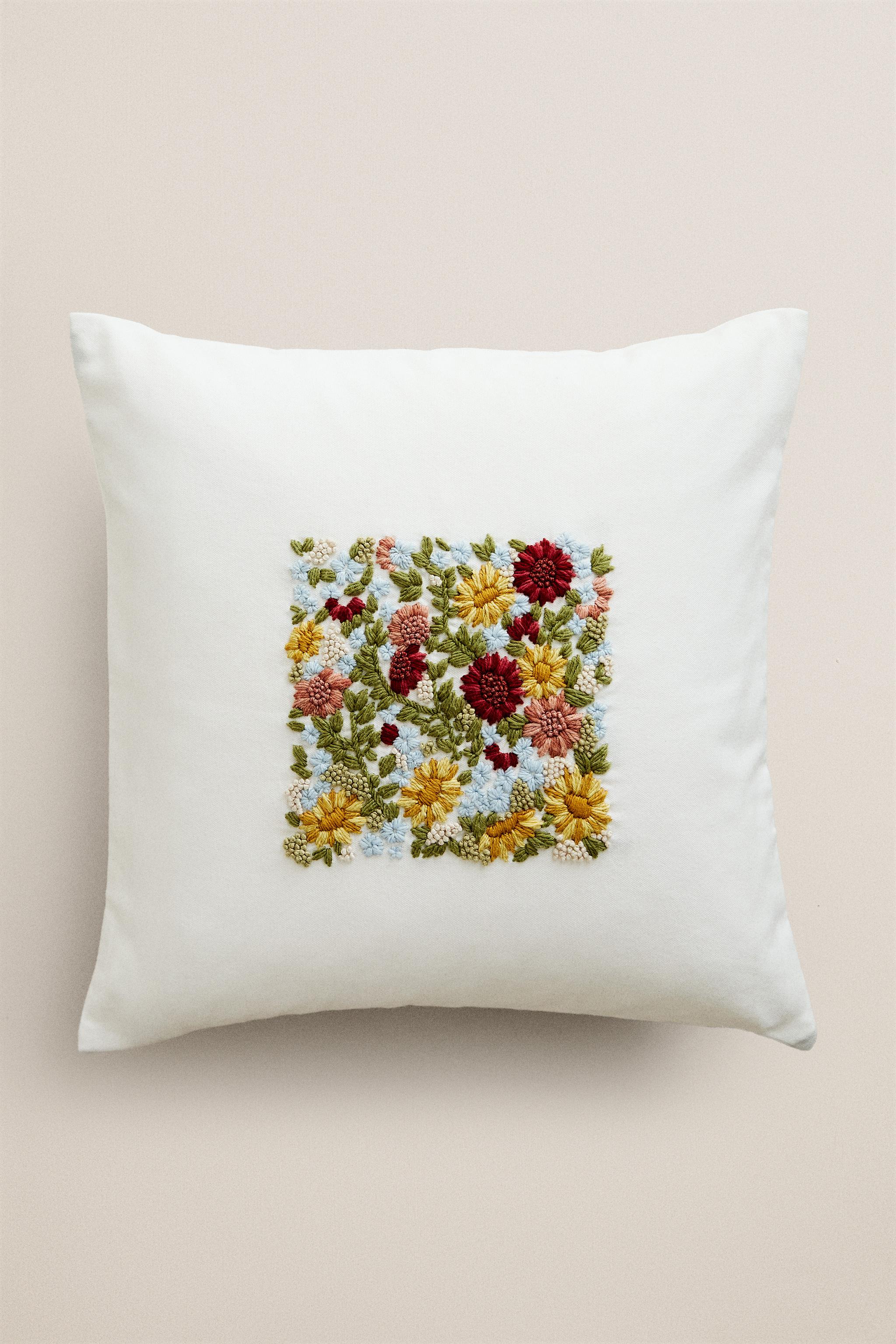 FLORAL EMBROIDERED THROW PILLOW COVER