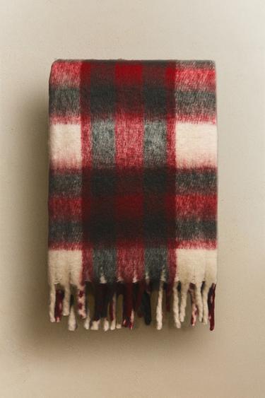 SOFT CHECK THROW WITH FRINGING - White / Red by Zara - Image 4