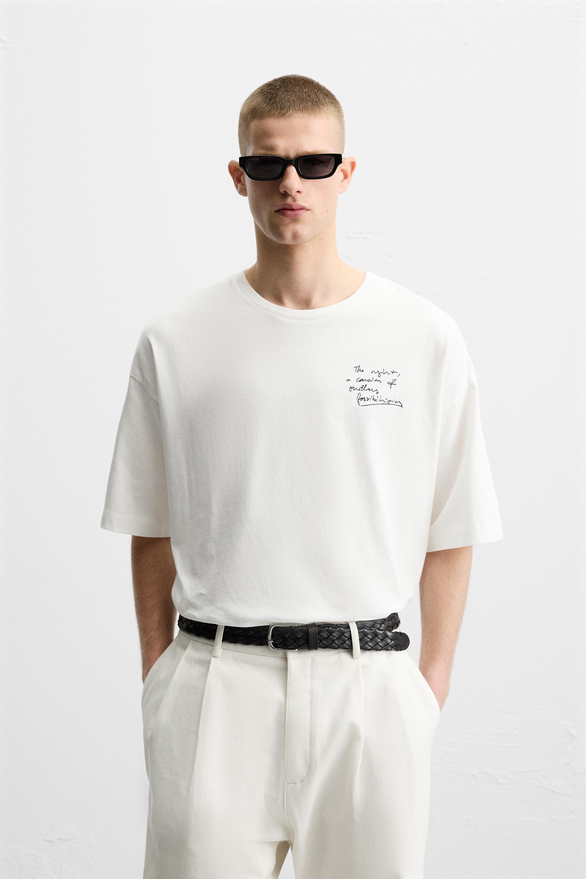 ［ZARA］プリント刺繍入りＴシャツ 刺繍入りプリントテキストTシャツ - ホワイト | ZARA Japan / 日本