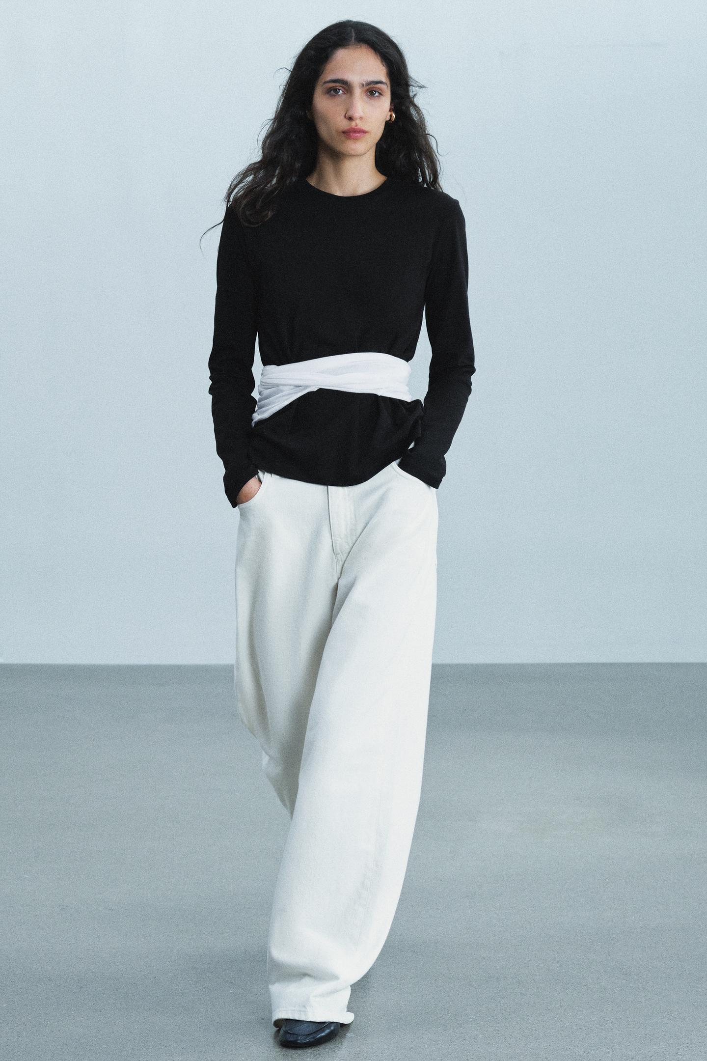 Женская футболка Zara Interlock Long-Sleeve T-SHIRT, цвет: Чёрный — фото 1