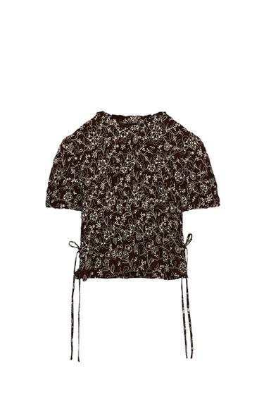 Zara EMBROIDERED TOP - Brown / Ecru