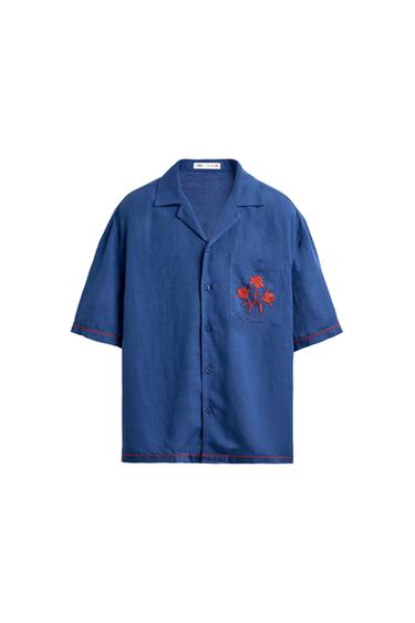 CONTRAST EMBROIDERED VISCOSE - LINEN SHIRT