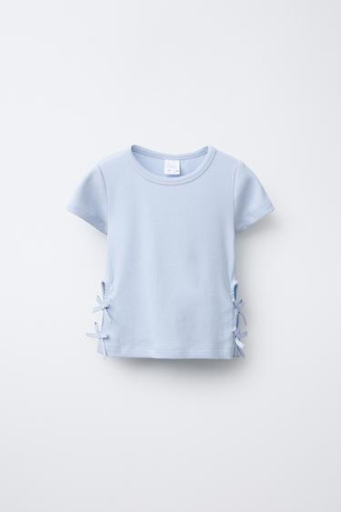 Zara RIBBED CUT OUT BOW T-SHIRT - Blue