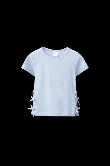 Zara RIBBED CUT OUT BOW T-SHIRT - Blue - Image 0