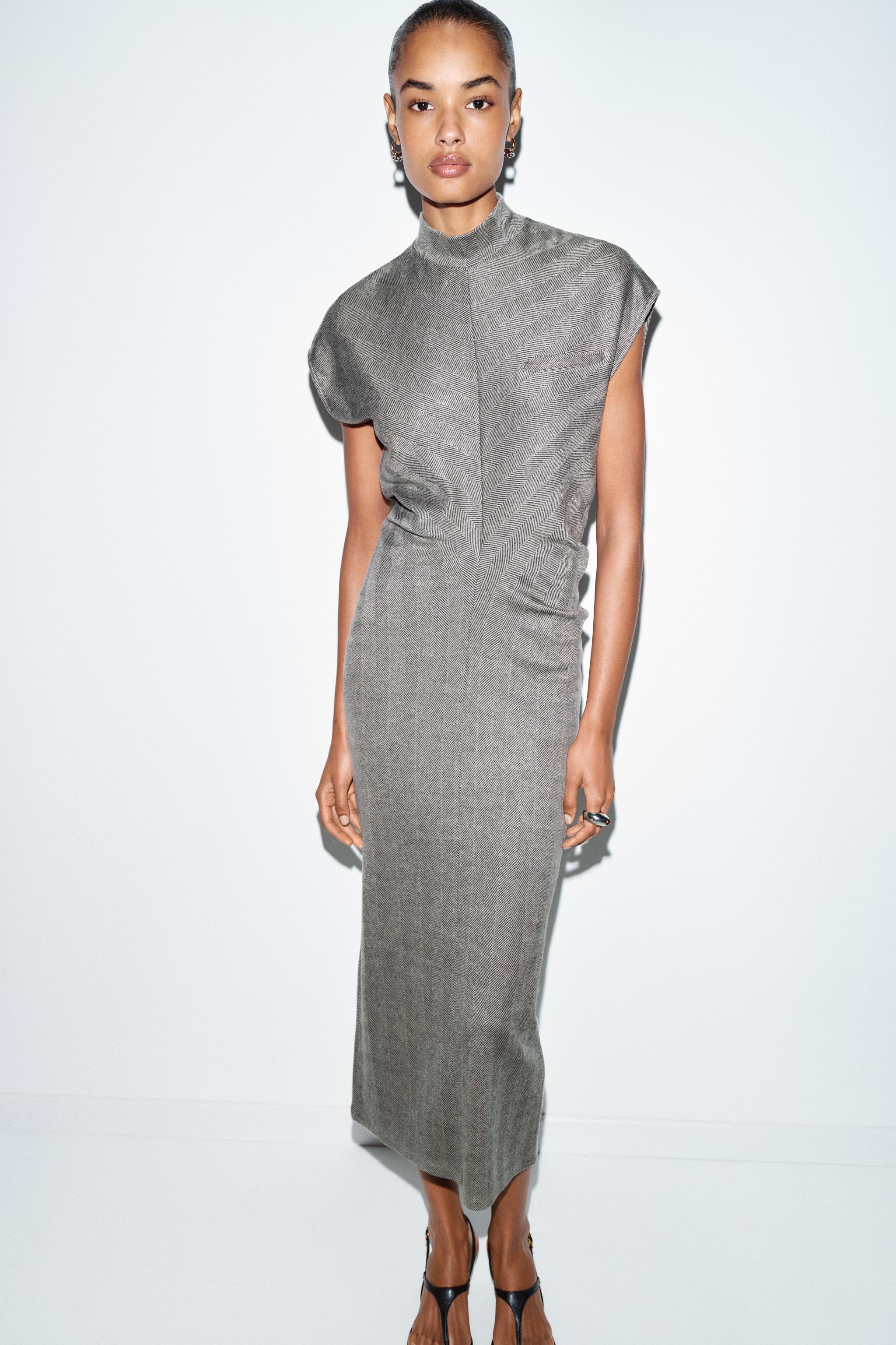 HERRINGBONE MIDI DRESS - Gray / Beige | ZARA Canada