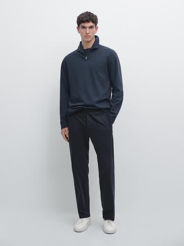 Zara Cotton blend quarter-zip T-shirt - Navy blue - Image 0