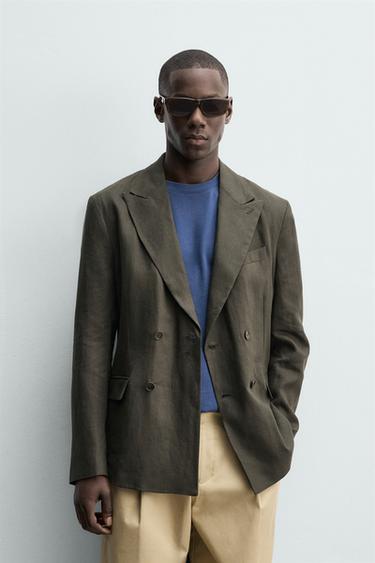 Zara 100% LINEN DOUBLE BREASTED BLAZER - Khaki
