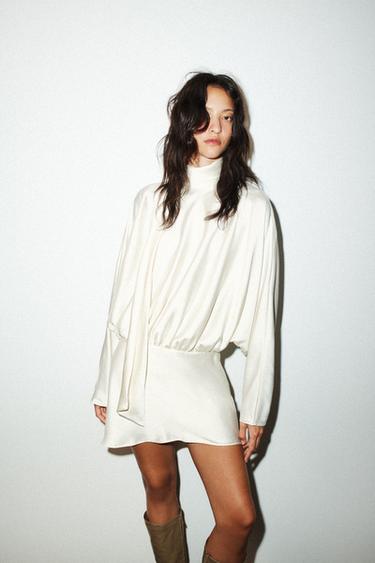 Zara FOULARD SATIN EFFECT SHORT DRESS - Oyster-white