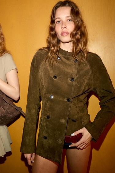 Zara 100% SUEDE FITTED JACKET - Light khaki