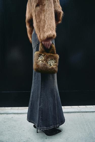 Zara 亮面毛絨效果手提包 - 綠色