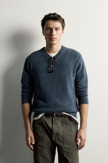 100% WOOL V-NECK SWEATER — Blue / Gray 2