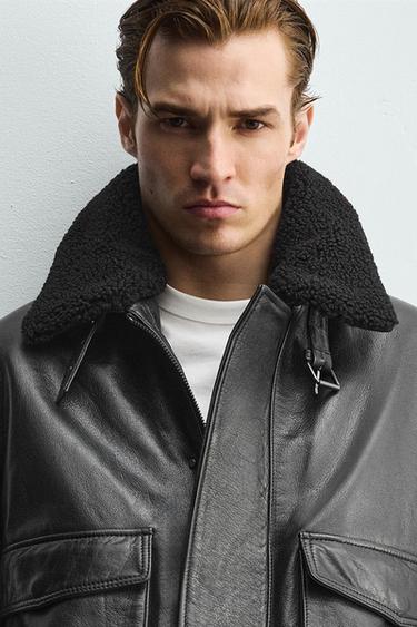 CAZADORA PIEL CUELLO COMBINADO - Negro de Zara