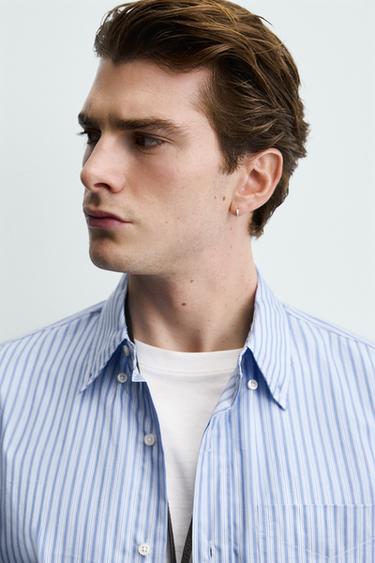 CHEMISE REGULAR FIT À RAYURES - Blanc / Bleu ciel de Zara - Image 4