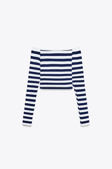 STRIPED BARE SHOULDER TOP - White / Navy by Zara - Image 4