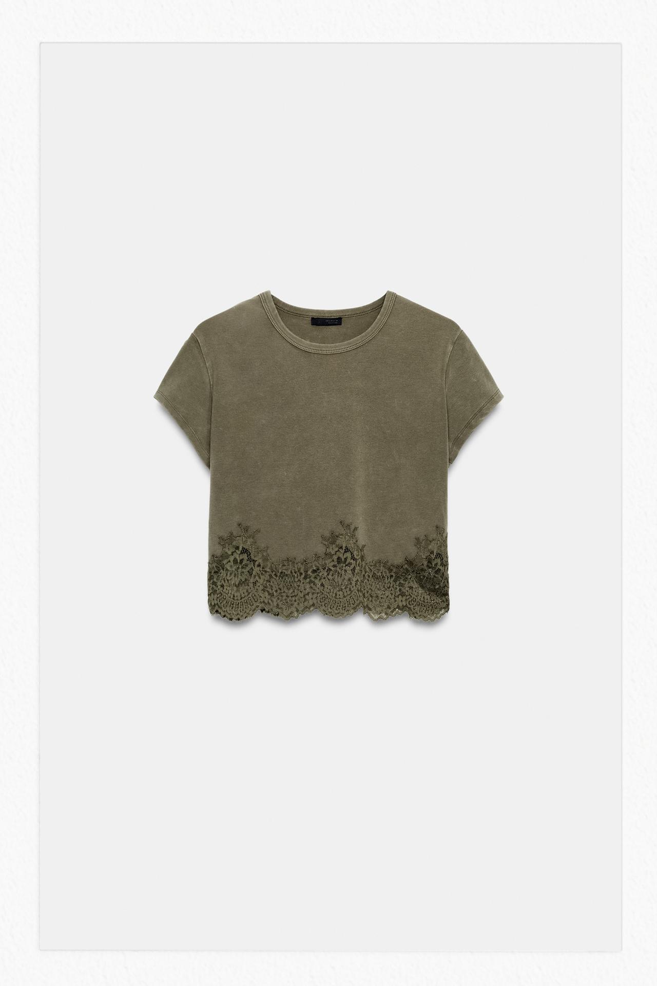 CROPPED LACE T-SHIRT — Brown
