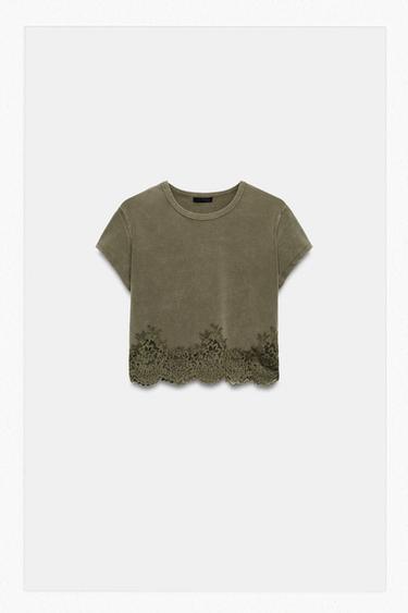 CROPPED LACE T-SHIRT — Brown 1