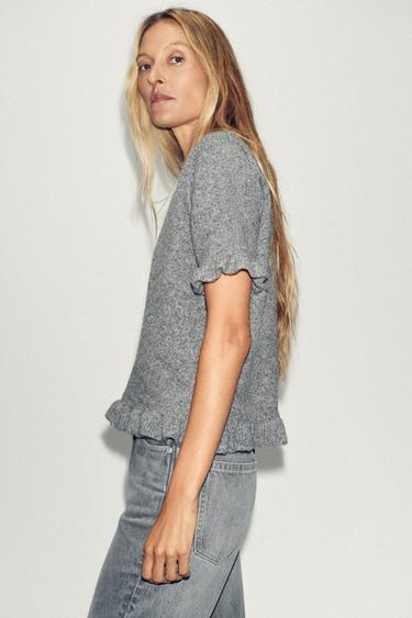 KNITTED SHORT SLEEVE SWEATER WITH RUFFLES - Grey by Zara