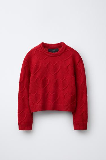 KNIT JUMPER WITH EMBROIDERED HEARTS - Red by Zara