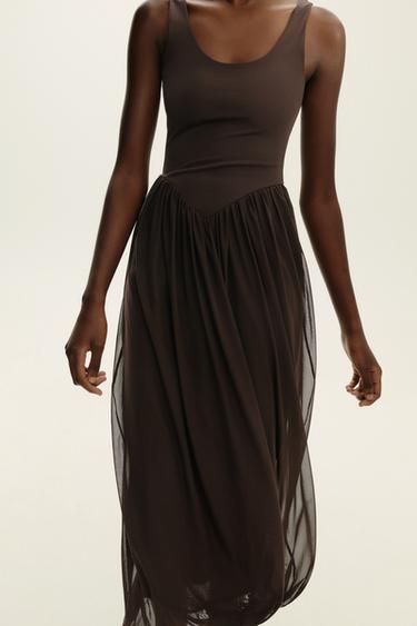 CONTRAST TULLE DRESS - Dark brown by Zara