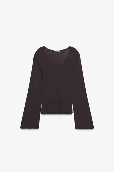 تيشرت SOFT بتأثير مزدوج - بني شيكولاته الخاص بـ Zara