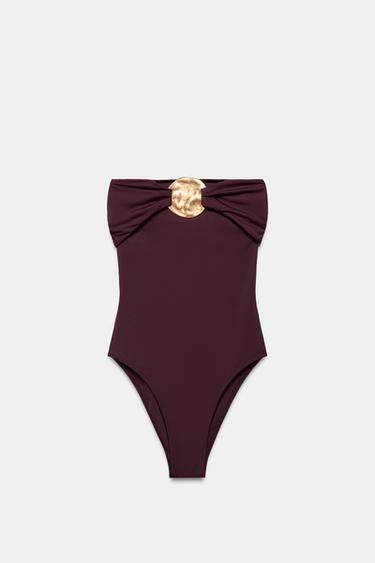 BANDEAU SWIMSUIT WITH METAL DETAIL - Brown by Zara