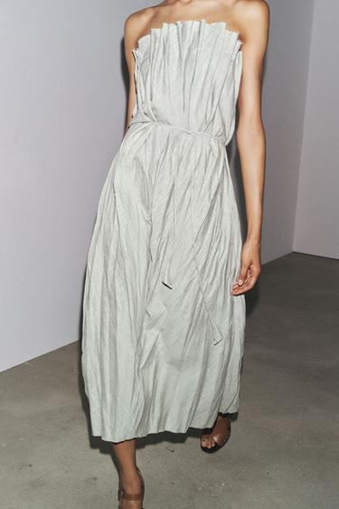 ZW COLLECTION PLEATED LINEN BLEND DRESS - Light grey by Zara