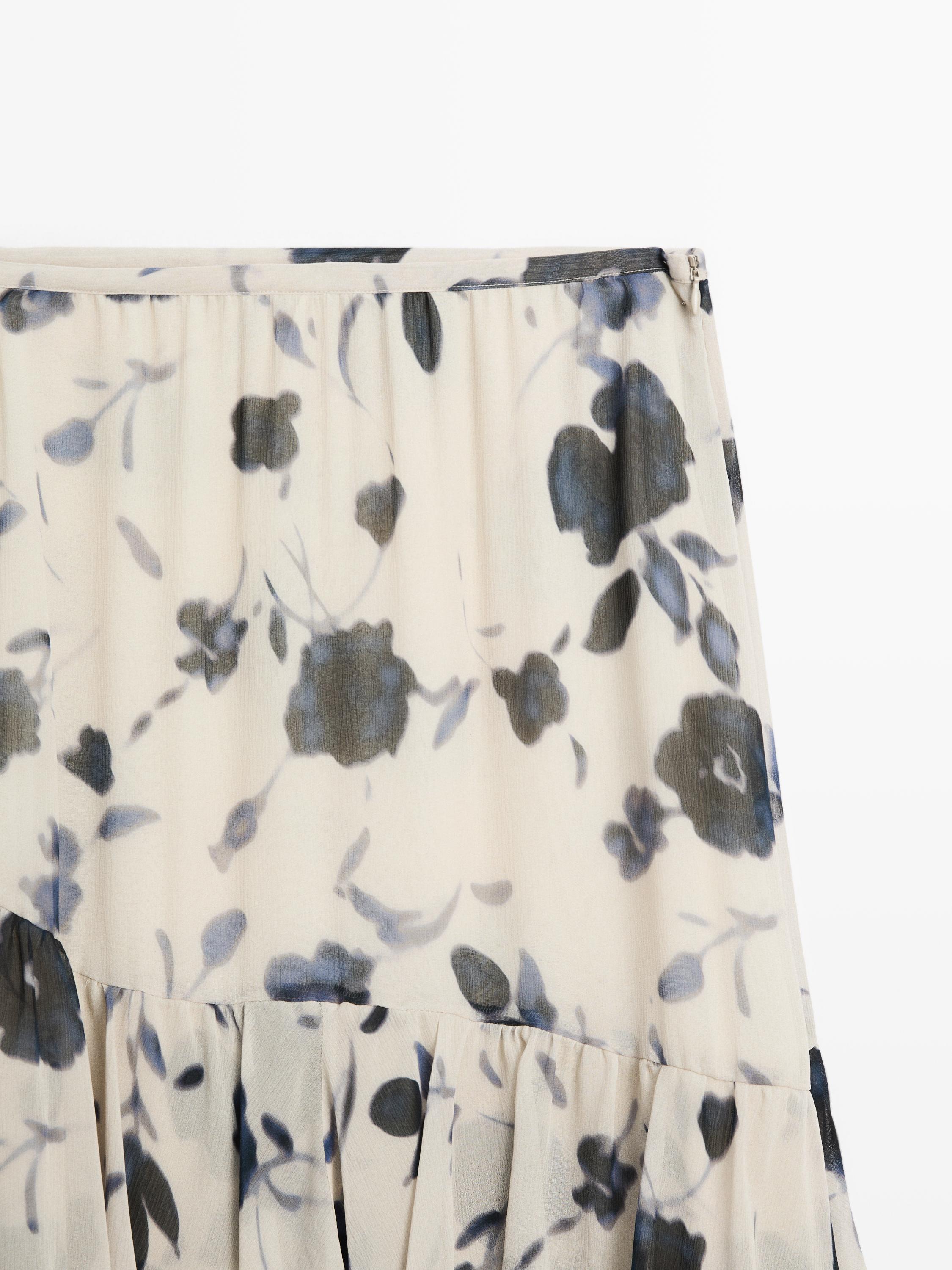 Ruffled floral print midi skirt