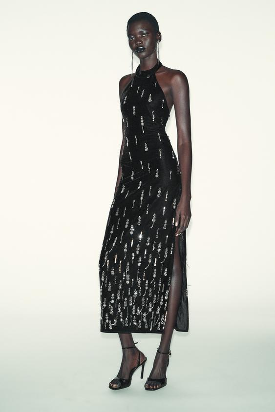 Pearl Halter Deep V Velvet and Tulle Midi Dress in Black