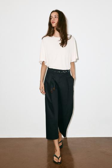 POPLIN TROUSERS WITH SCARF BELT - Navy blue by Zara