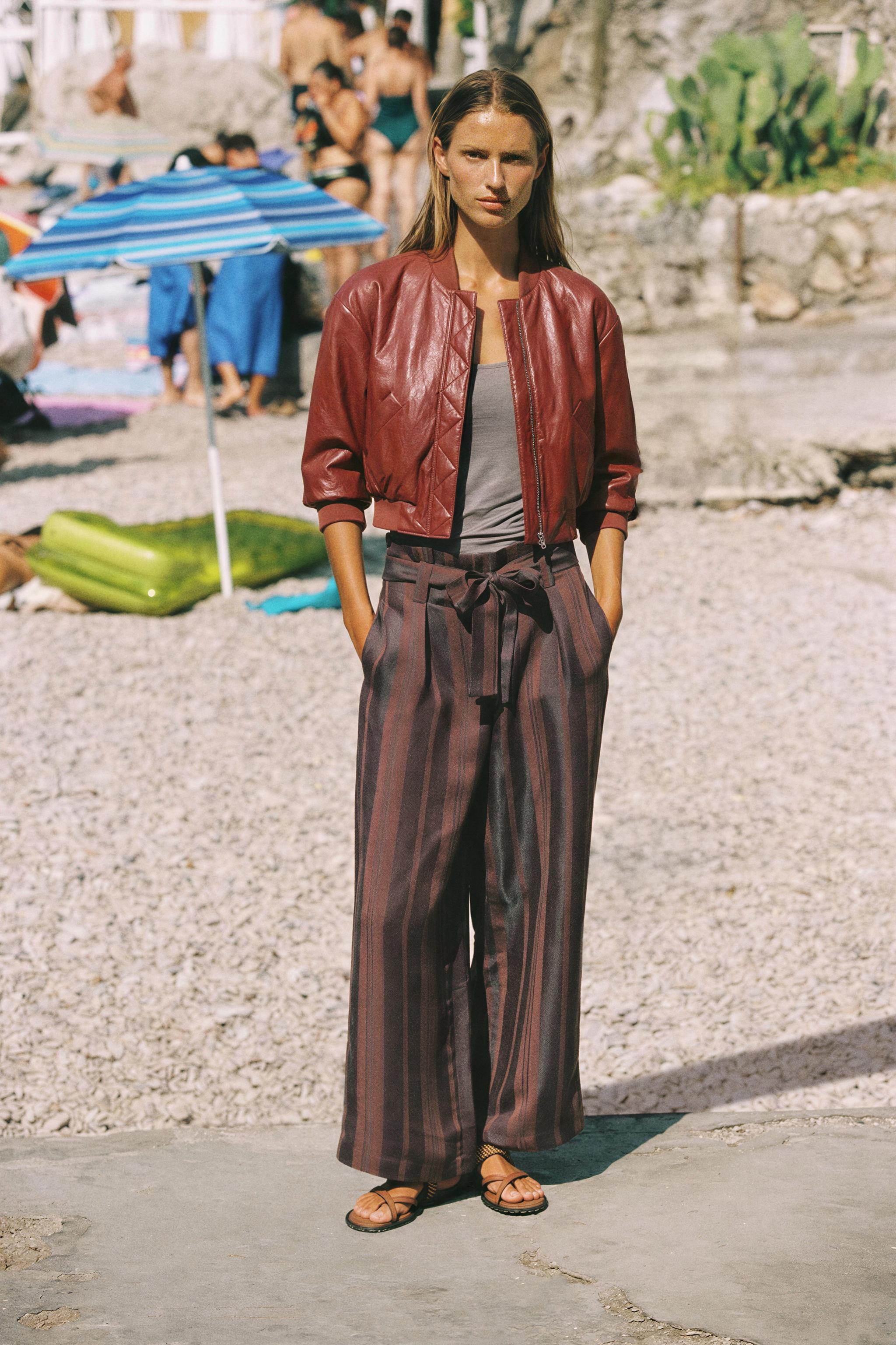 FAUX LEATHER BOMBER JACKET WITH SHOULDER PADS — Brick