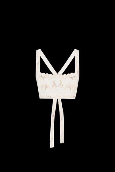 Zara EMBROIDERED FLOWER CROP TOP - Oyster-white - Image 0